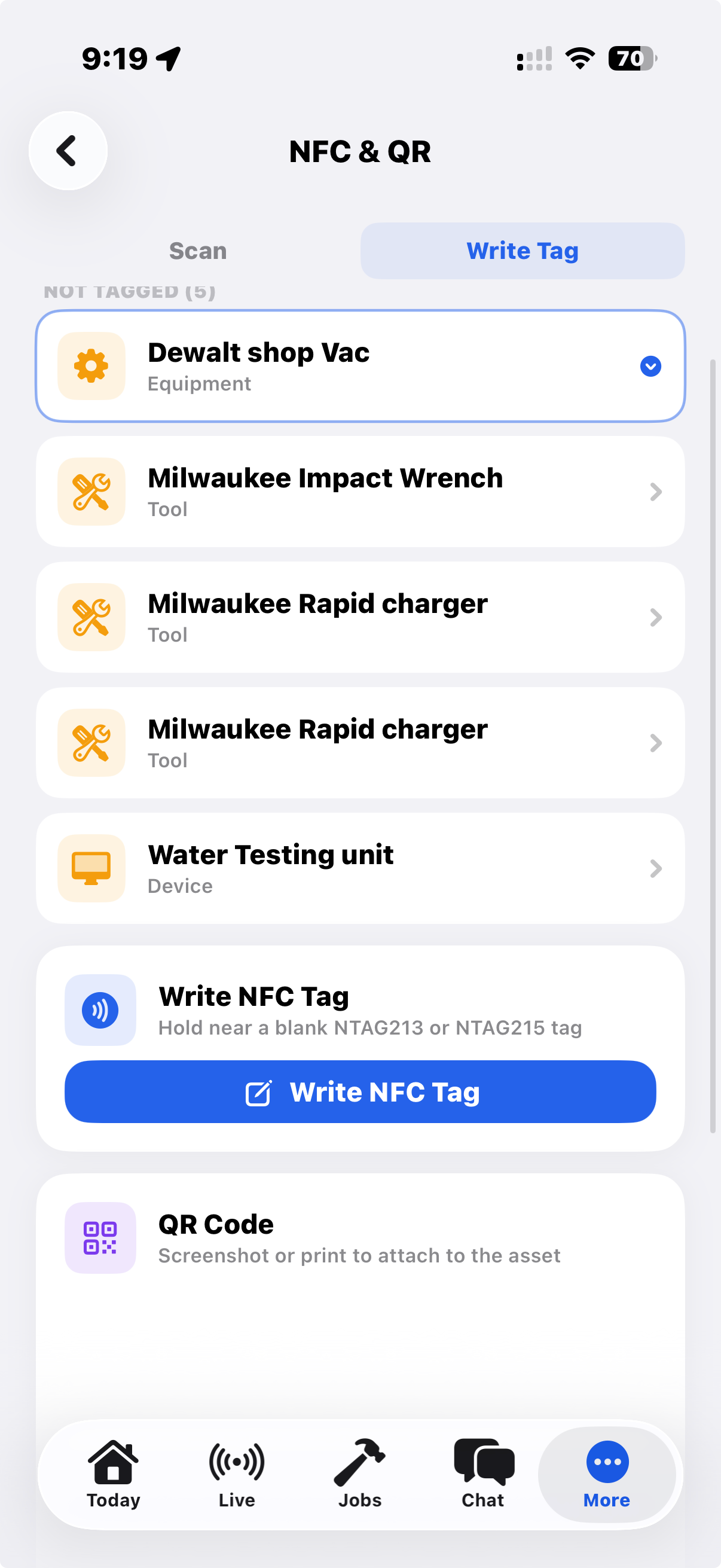 Staff Track QR scanning app on iPhone — Fergus alternative for trades
