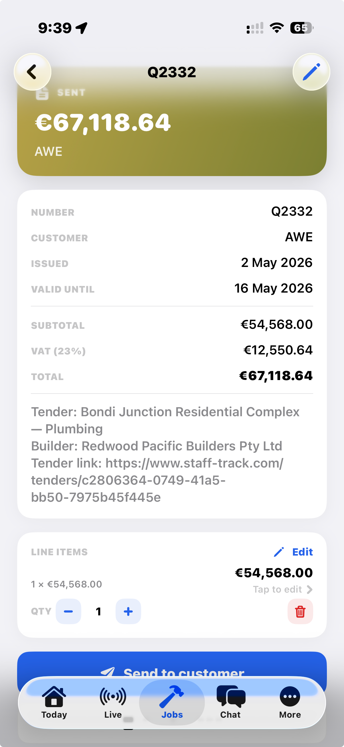 Staff Track service quotes & invoicing app on iPhone — Simpro alternative